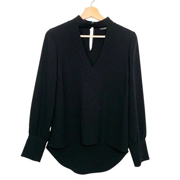 Zara Woman Black Keyhole Long-Sleeve Blouse High Neck Cuffed Sleeves & Curved XS - Picture 2 of 10
